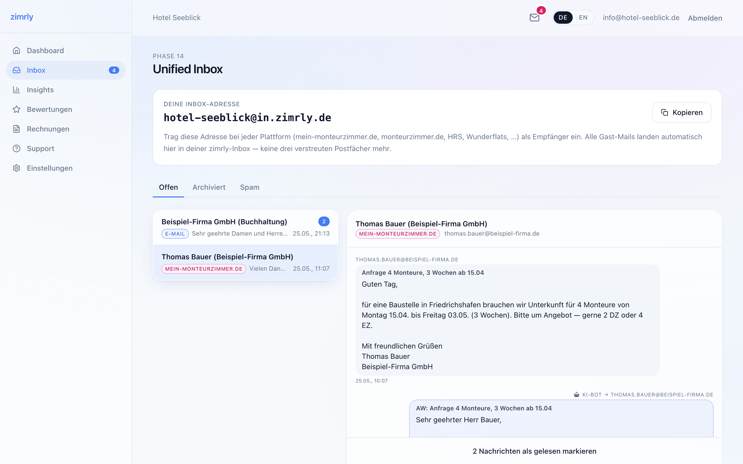 zimrly Unified Inbox mit einer Gäste-Konversation und KI-Antwort
