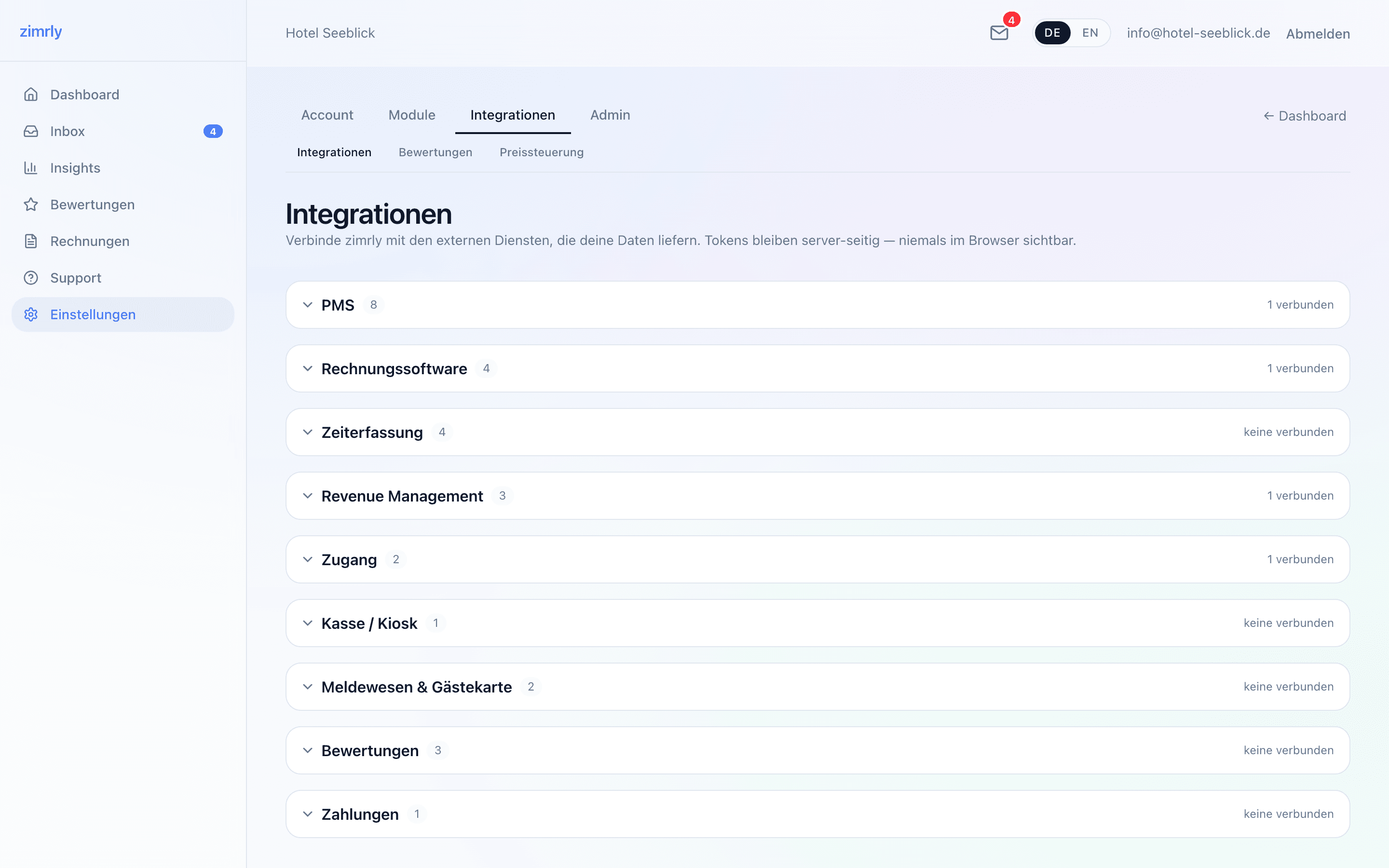 zimrly Integrationen-Seite mit allen Kategorien