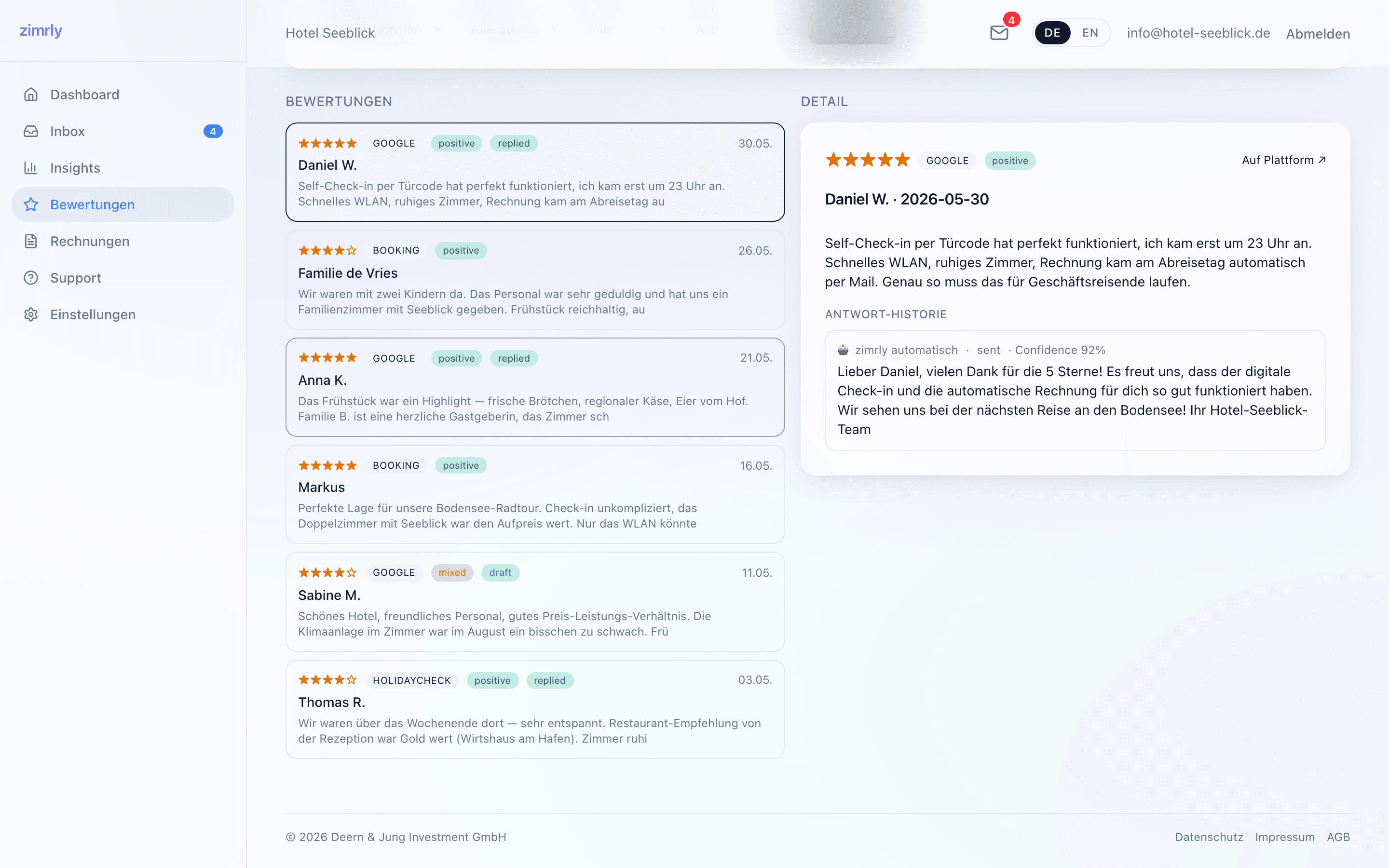 zimrly Bewertungs-Hub mit Review-Liste und KI-Antwort im Detail